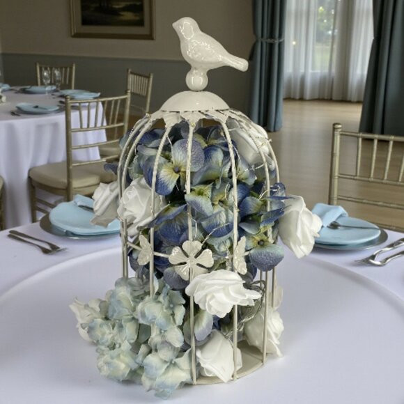 WHITE BIRDCAGE -- Centerpiece, Blue Hydrangeas, Fairy Lights, Wedding, Shower - Picture 1 of 9
